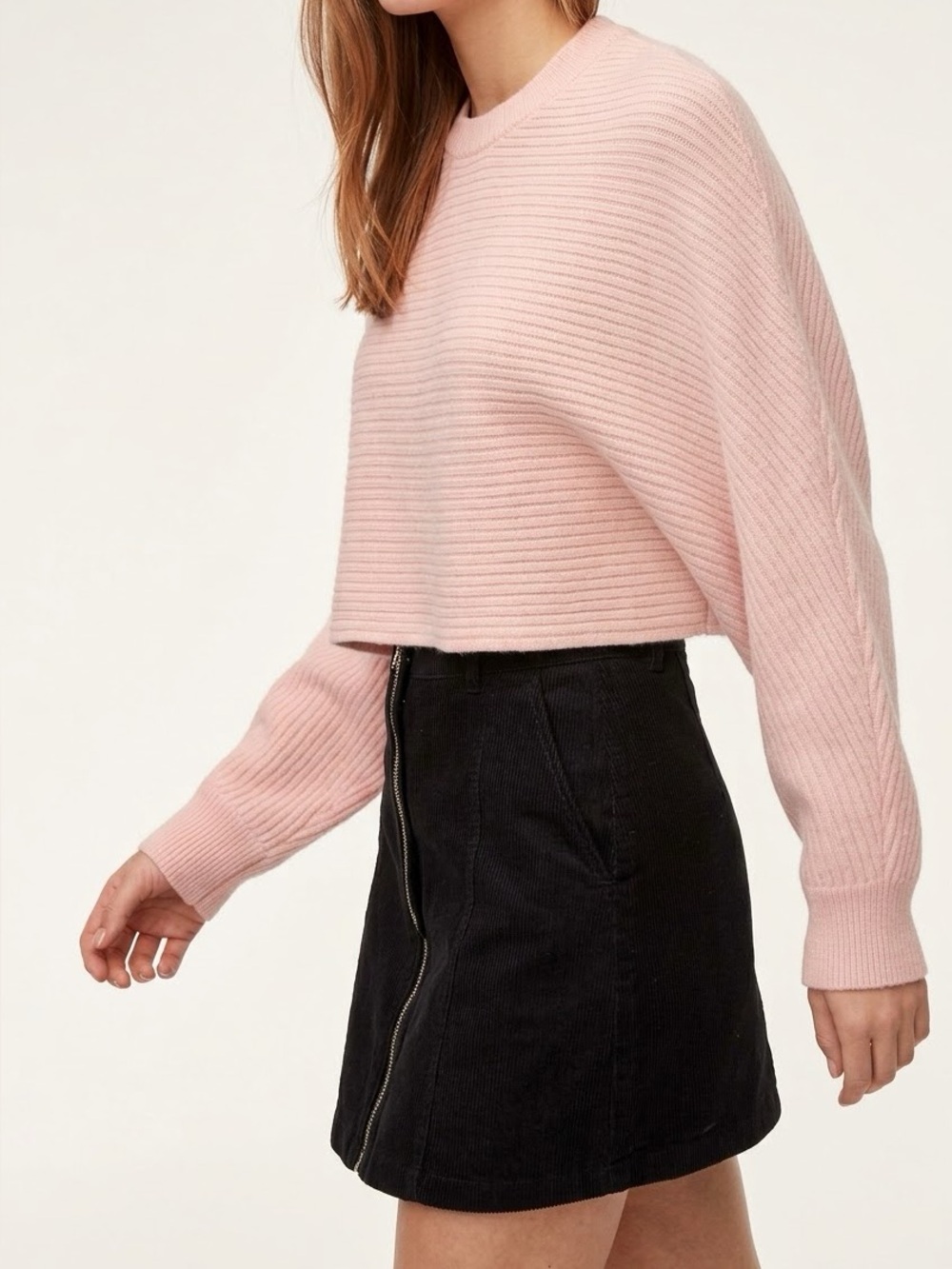 Aritzia Wilfred Free Cropped Rib-Knit Sweater Light Baby Pink 100% wool